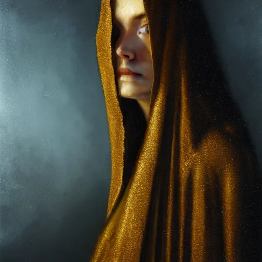 Image similar to a portrait of a young woman wearing a long dark cloak, hood and shadows covering face, holding golden chains, oil painting, matte painting, black background, Volumetric Golden dappled dynamic lighting, Highly Detailed, Cinematic Lighting, Unreal Engine, 8k, HD, by Beksinski