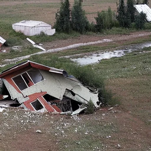 Image similar to a large funnel formed on the territory of the Russian village house in Russia as a result of a rocket hit