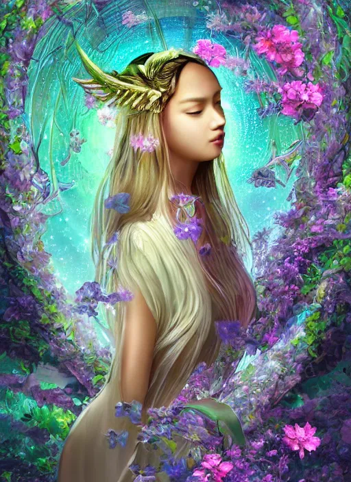 Prompt: portrait of Lalisa Manobal as a Celestial Goddess of a futuristic pearlescent holographic, inside future fighter, sci-fi, fantasy, intricate, lush garden spaceship with sakura season flowers in Kyoto Japan, elegant, human anatomy, royal green and nature light, highly detailed, digital painting, artstation, concept art, smooth, sharp focus, illustration, art by tian zi and WLOP and alphonse mucha, masterpiece, 3d blender