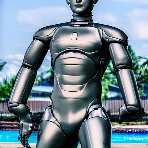 Image similar to a realistic detailed photo of a guy who is an attractive humanoid who is half robot and half humanoid, who is a male android, wrestler bo nickal, shiny skin, posing like a statue, blank stare, by the pool, on display, showing off his muscles, humanoid robot, frozen ice statue