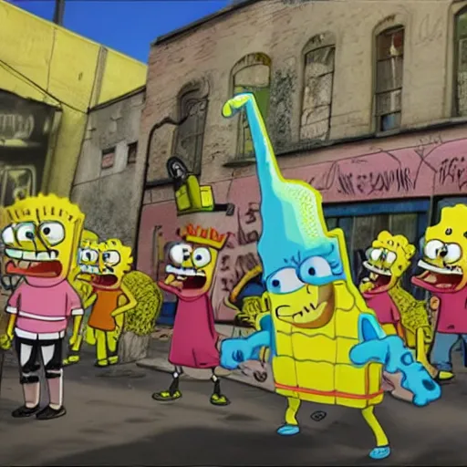 Prompt: Realistic SpongeBob and Sandy rapping, wearing rap outfits and bandanas, standing on the street, surrounded by a crowd, wide angle shot, HDR, 4k, the earth is quaking under their feet from the music which cracks the ground, shockwaves are coming out, graffiti in the background, details faces, visible eyes, unreal engine