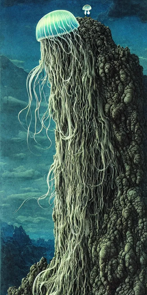 Image similar to A detailed jellyfish god stands among the mountains. Wearing a ripped mantle, robe. Perfect face, colossal scale, extremely high details, realistic, fantasy art, solo, masterpiece, art by Zdzisław Beksiński, Arthur Rackham, Dariusz Zawadzki