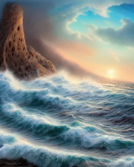 Prompt: sea with big waves crashing to shore and rocks, sunset, hyper realistic, artstation, illustration, nicoletta ceccoli, mark ryden, lostfish, dan decarlo, bob clampett, max fleischer, digital paint, matte paint, vivid colors, detailed and intricate environment