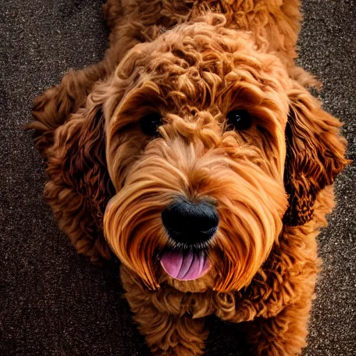 Image similar to a Goldendoodle except their body looks like greasy fried chicken, spot lighting from above, realisitc photo, f/1.4 HDR aperture, UHD studio quality