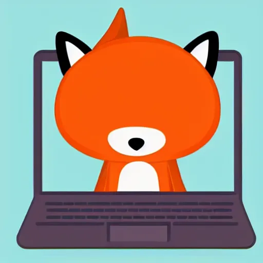 Image similar to icon of a cute fox sitting in front of laptop, cartoon, disney style, vivid colors, orange glow