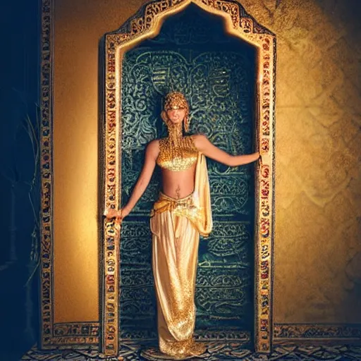 Image similar to aesthetic!!! Female genie in Arabic clothing, ethereal, gold tint, cinematic lighting