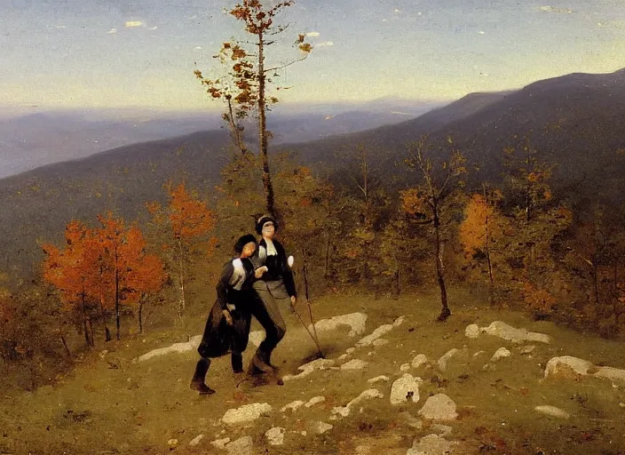 Image similar to portrait of friends hiking franconia ridge new hampshire in autumn, jean - baptiste - camille corot