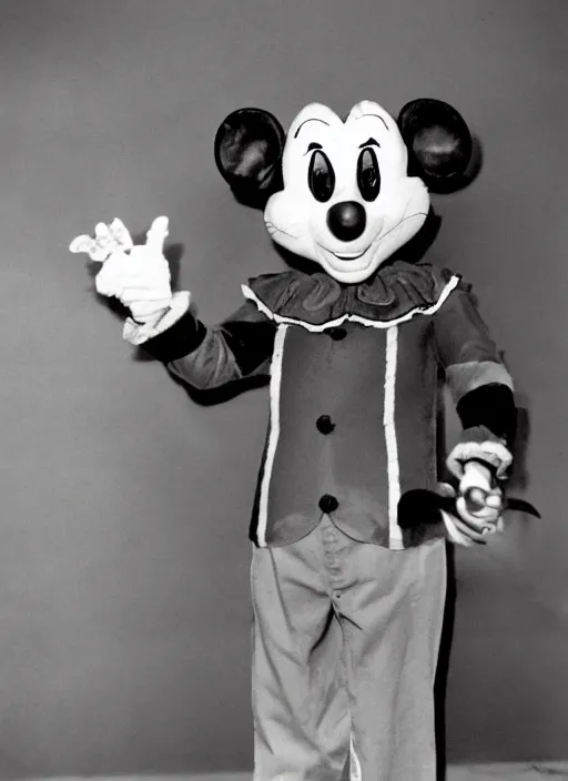 Image similar to Chuck E. Cheese mascot grainy 1940’s circus portrait of an anthropomorphic rat animatronic dressed like a clown, professional portrait HD, mouse, Chuck E. Cheese head, authentic, mouse, costume weird