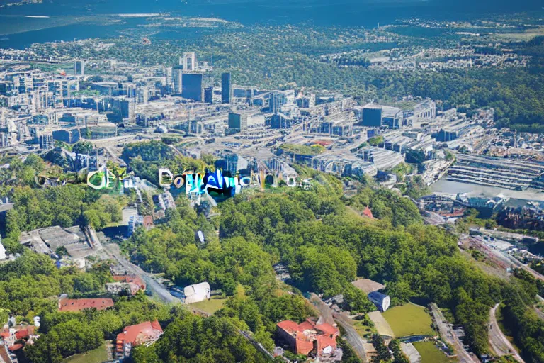 Image similar to bird's eye view photography of a small city. town hall, central farm, monorail station, beach and shipping dock. hills, woods and lake to the north.