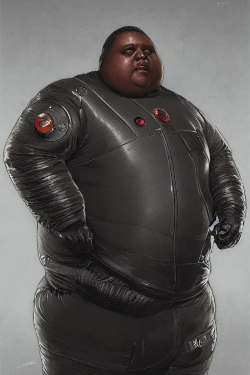 Prompt: upper body portrait of a morbidly obese man wearing leather spacesuit, bionic eye, detailed, illustration by normal rockwell, artstation character art, john william waterhouse, concept art, greg rutkowski