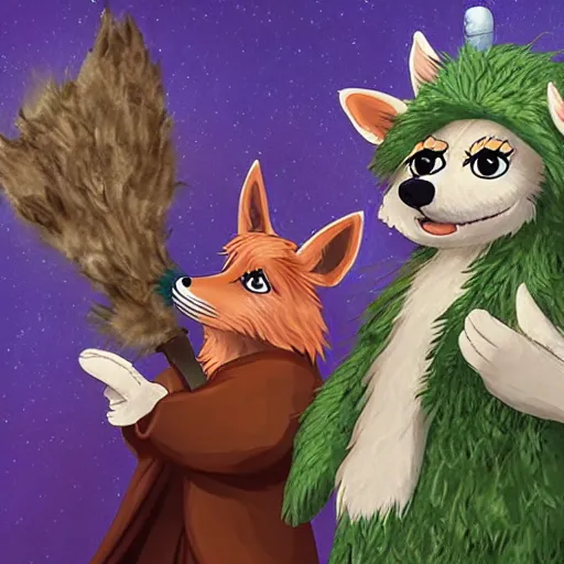 Prompt: a foxfolk wizard druid as a furry muppet plush wearing a fancy elven cloak and holding a sentient scimitar