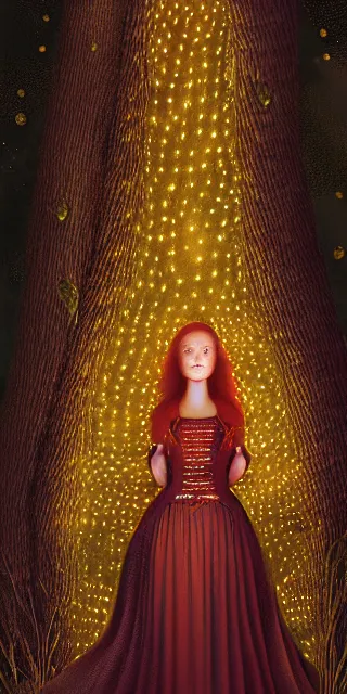 Image similar to young woman surrounded by golden firefly lights in a stunning scene, amidst nature fully covered by a intricate detailed dress, long red hair, precise linework, accurate green eyes, small nose with freckles, smooth oval shape face, empathic, bright smile, expressive emotions, hyper realistic ultrafine art by artemisia gentileschi, jessica rossier, boris vallejo