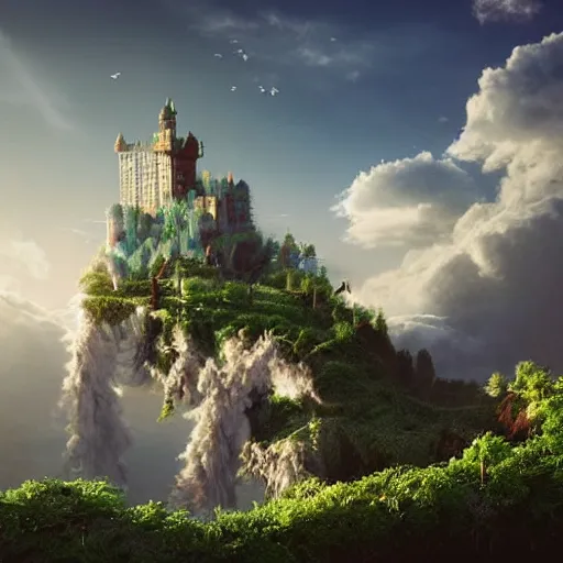 Image similar to a castle of clouds in the sky full of animals jumping through the clouds and partying all day, and growing invented plants that do not exist in nature, ray tracing