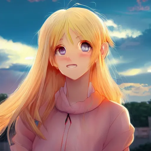 Image similar to blonde - haired princess, anime princess, wearing casual clothing, golden hour, partly cloudy sky, red clouds, orange sky, strong lighting, strong shadows, vivid hues, ultra - realistic, sharp details, subsurface scattering, intricate details, hd anime, 2 0 1 9 anime