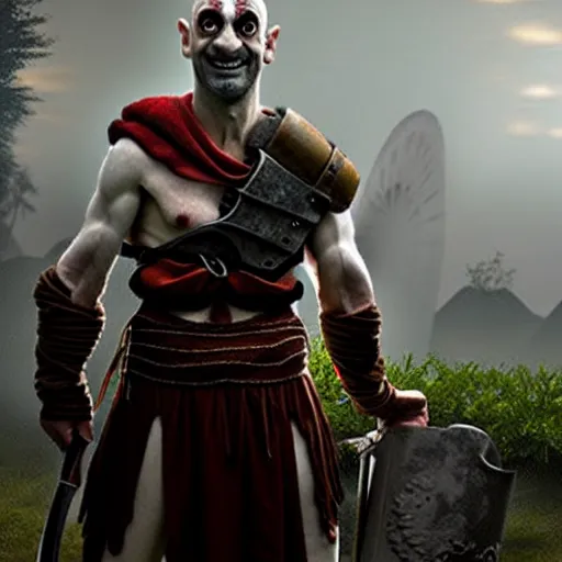 Image similar to mr. bean as kratos from god of war. movie still. cinematic lighting.