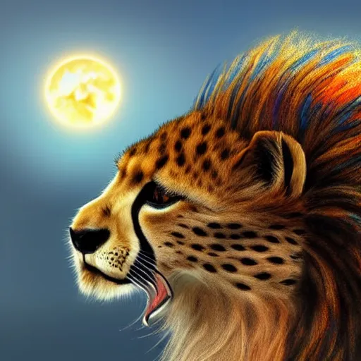 Image similar to profile view of cute fluffy cheetah cub with long colorful flowing lion mane blowing in the wind with mohawk top hairstyle hybrid animal detailed painting 4 k