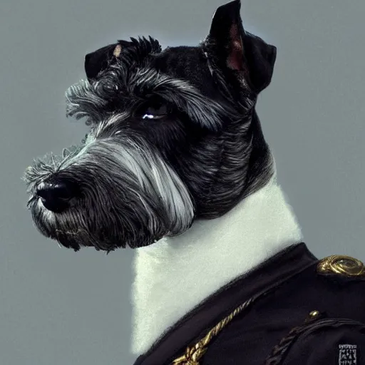 Image similar to portrait of stoic looking miniature schnauzer, military uniform, black fir, white eyebrows, fantasy, intricate, elegant, highly detailed, centered, dark, smokey, charcoal painting, digital painting, artstation, concept art, smooth, sharp focus, illustration, art by artgerm and greg rutkowski and alphonse mucha