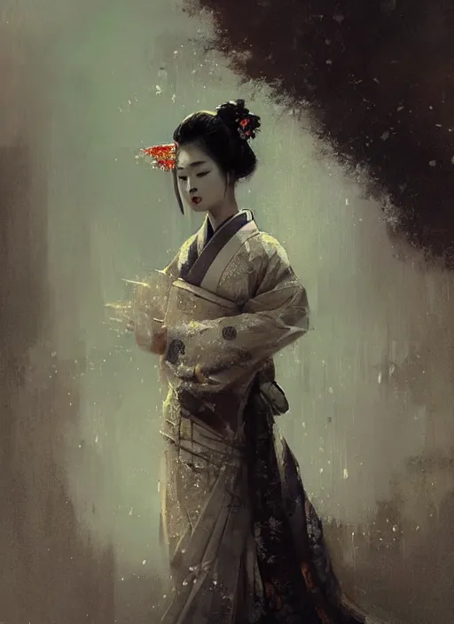 Image similar to female geisha girl, beautiful face, rule of thirds, intricate outfit, spotlight, by greg rutkowski, by jeremy mann