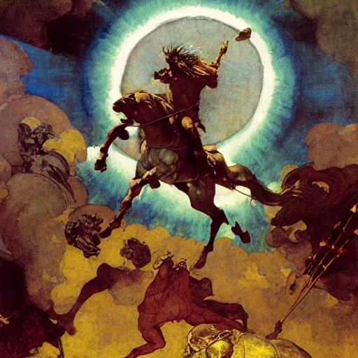 Prompt: Tragic Portrait of Phaethon the Demigod losing control of the reins of the chariot chariot that is the sun careening through the zodiac filled stratosphere. norman rockwell guillem h. poniluppi howard pyle Ilya Repin Michelangelo Buonarotti Leonardo Da Vinci rodin greg rutkowski james gurney. tombow masterpiece fresco watercolor grisaille quadratura Trompe-lœil