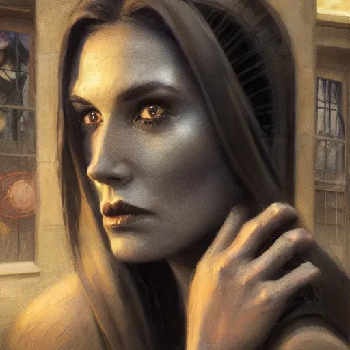 Prompt: detailed face of a clothed woman with obsidian eyes in a architectonic courtyard with whisps of smoke at a science expo, atmospheric, ambient, pj crook, syd mead, livia prima, artgerm, greg rutkowski, nick alm, casey baugh