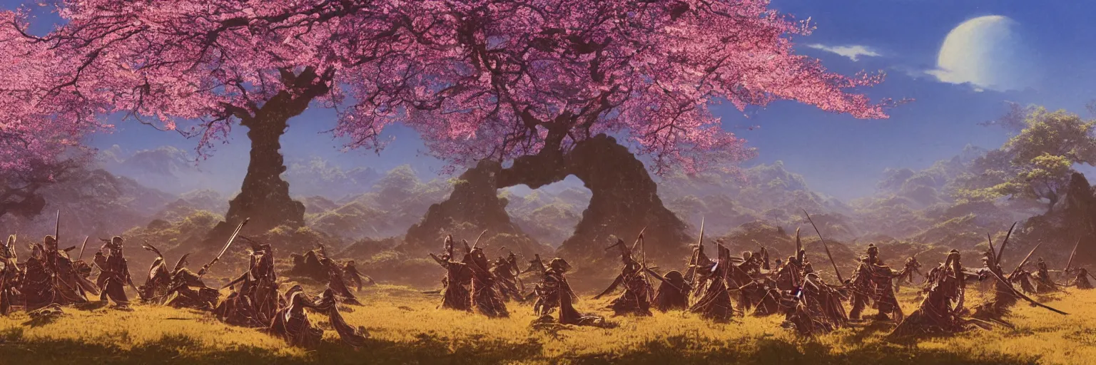 Image similar to awe-inspiring bruce pennington landscape digital art painting of two groups of samurai meeting in battle in Feudal Japan, cherry blossoms on trees, 4k, matte