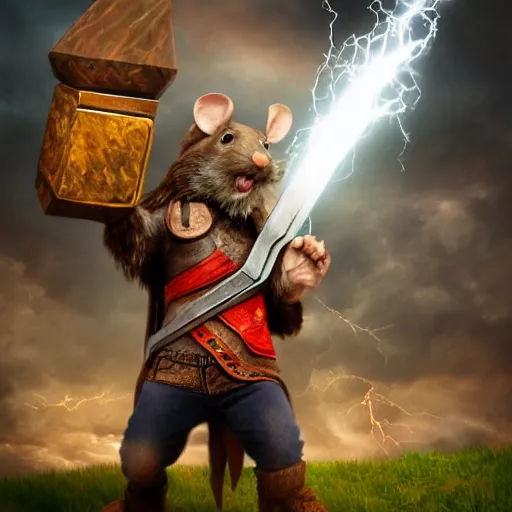 Image similar to the rat thor ~ holding his hammer ~ dramatic thunder background ~ fighting scene ~