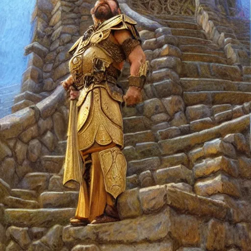 Image similar to The dwarven warrior cleric is standing on the stone spiral staircase and is confused, art by Donato Giancola and James Gurney, digital art, trending on artstation