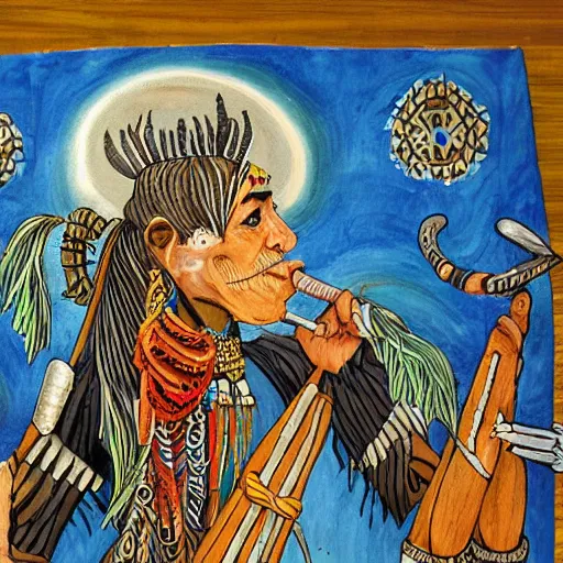 Image similar to a shaman playing a bone flute, a female air elemental coming out of the other end of a flute