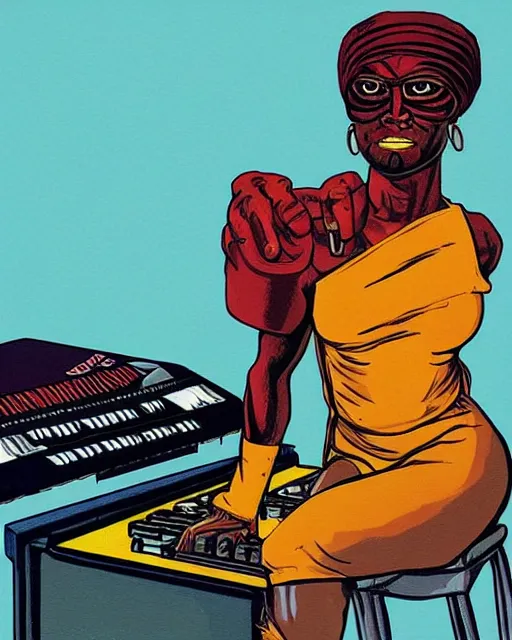 Prompt: an African cyclops (from x-men) playing an Akai MPC 2000XL, colourful painting by Toni Toscani, in the style of 'Woman in Brown Pants' (2018)