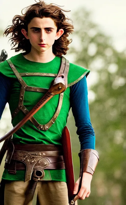 Image similar to super super super epic cinematic shot of Timothee Chalamet starring as Link from Legend of Zelda, 8k movie scene, elf ears, long blonde blonde hair, green clothes, blue eyes, ++++++ super super super dynamic action posing, super serious facial expression, holding a sword & shield, ocarina of time movie, concept photos, dynamic lighting, dynamic shaders, night time, in the forest, fairy light above him, amazing quality, magical forest