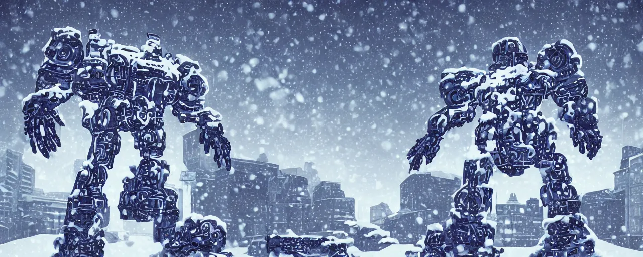 Prompt: cell shaded retro cybernetic symbiosis of a cybernetic mech covered in snow