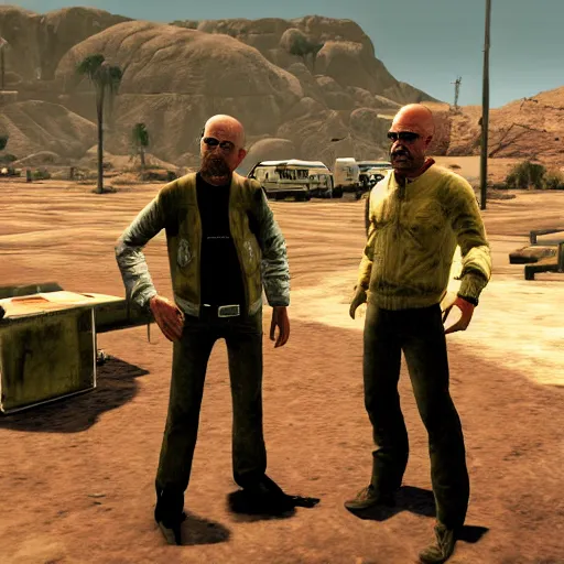 Image similar to walter white and jesse pinkman in fallout new vegas, gameplay screenshot, gamebryo engine, winnebago rv, epic, hd