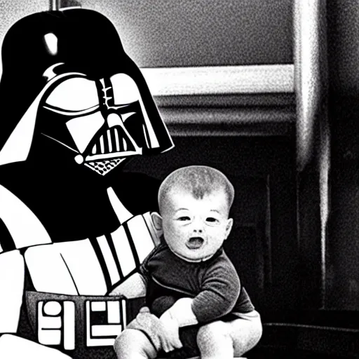 Prompt: a photo of Darth Vader as a baby sitter