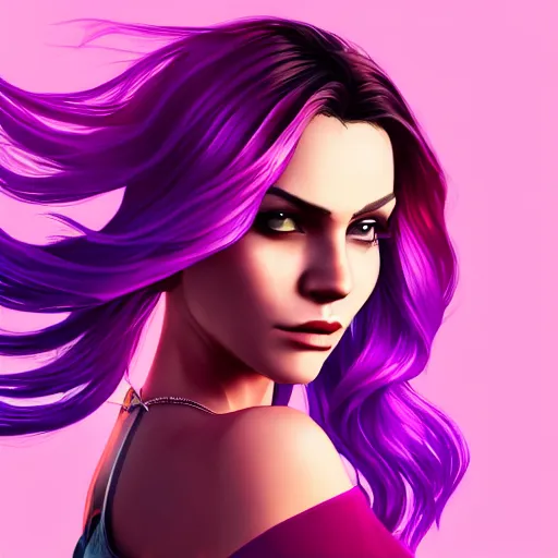 Image similar to a stunning GTA V loading screen with a beautiful woman with ombre hairstyle in purple and pink blowing in the wind, city streets, golden ratio, digital art, trending on artstation