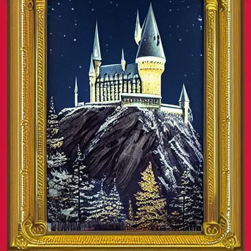 Image similar to photograph of hogwarts at night, highly detailed, smooth, sharp focus, winter