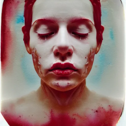 Prompt: a liquid white clay porcelain portrait of a face melt down flow go runny, body painted with a lot of white thick fluid, realistic detailed watercolor polaroid, grainy image, contrast