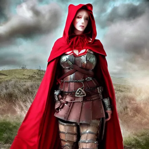 Image similar to full body photo red riding hood christina hendricks armoured warrior, highly detailed, 4k, HDR, award-winning photo