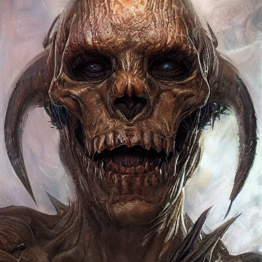 Image similar to realistic scifi monster in hell, closeup portrait art by donato giancola and greg rutkowski, realistic face, digital art, trending on artstation, skull helmet, symmetry!!!