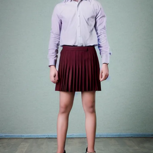 Prompt: A young pretty male model showcasing a very cute pleated miniskirt and blouse. Studio lighting