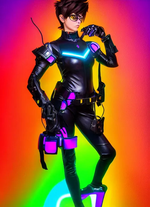 Image similar to full body overwatch style oil painting portrait of tracer overwatch, confident pose, full body, full body, wearing black jagged iridescent rainbow latex armor, rainbow, neon, 4 k, expressive surprised expression, makeup, wearing large rainbow neon choker, studio lighting, acid, trippy, black leather harness, expressive detailed face and eyes,