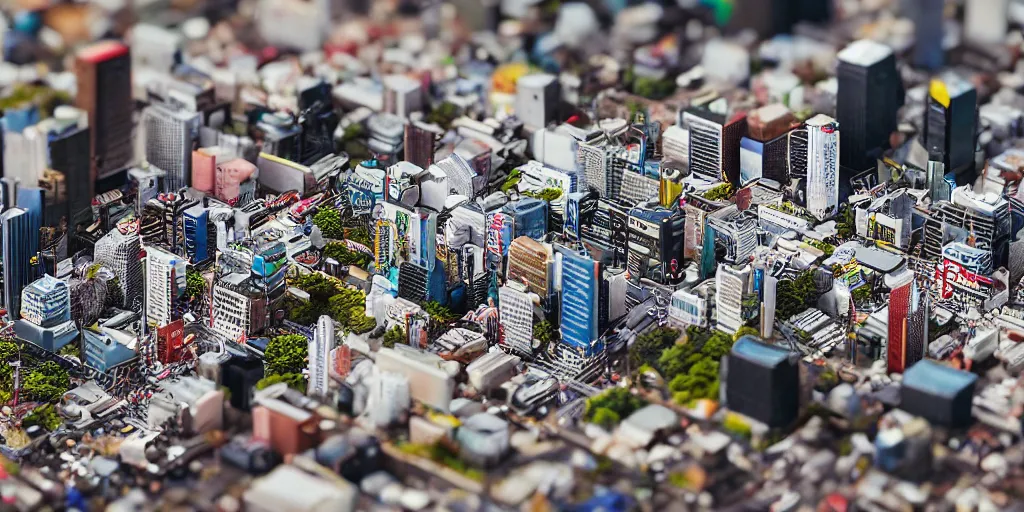 Prompt: a miniature diorama of downtown tokyo, macro photography