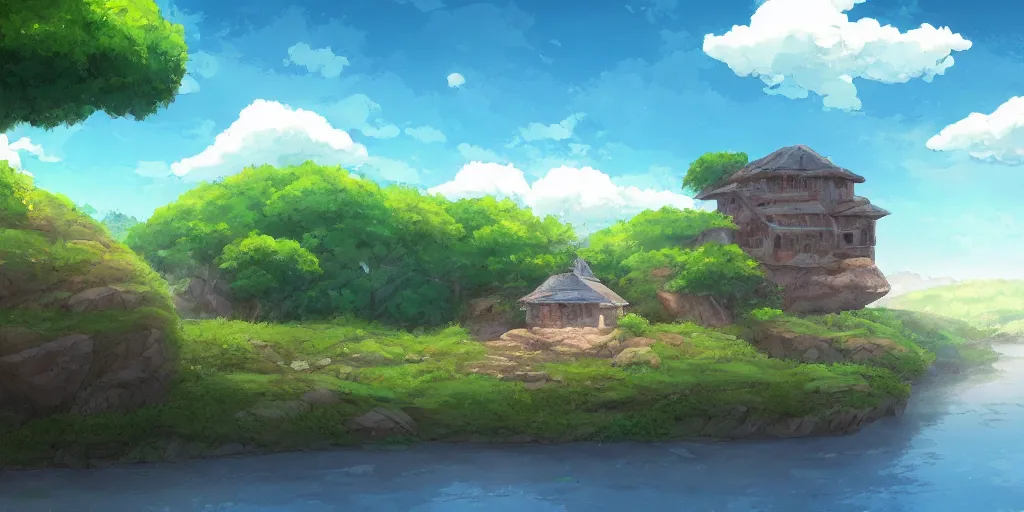 Image similar to a serene landscape with a singular building near a river with rocks at sunshine, ghibli studio, anime style, pixar style, concept art, highly detailed, high quality, soft lighting, beautiful landscape, cartoon, high coherence, cloud in the sky, digital painting, masterpiece, digital art, breathtaking landscape, soft colors, beautiful