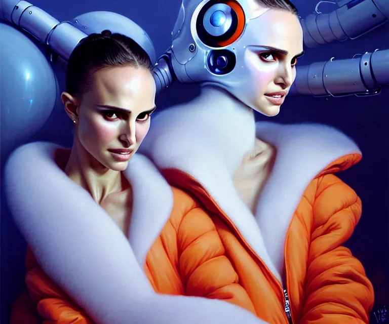 Prompt: beautiful fantasy character portrait, natalie portman, wearing orange puffy bomber jacket with white fur, seductive reclining pose, futuristic robots, ultra realistic, dramatic lighting, robots, the fifth element artifacts, highly detailed by peter mohrbacher, hajime sorayama, wayne barlowe, boris vallejo, aaron horkey, gaston bussiere, craig mullins