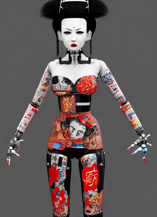 Prompt: full body photo of a punk geisha robot 2 1 savage with kanji tattoos and decals wearing a digital pixelated kimono, intricate design, photo - realistic, octane render, ultra fine detailed, character design, trending on artstation