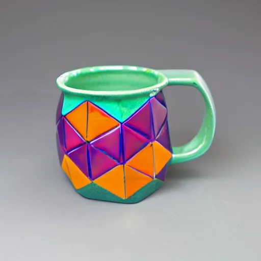Prompt: brightly colored geodesic ceramic mug with iridescent glaze