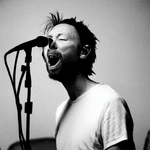 Prompt: Thom Yorke 2001 singing into a microphone, a photo by John E. Berninger, trending on pinterest, private press, associated press photo, angelic photograph, masterpiece