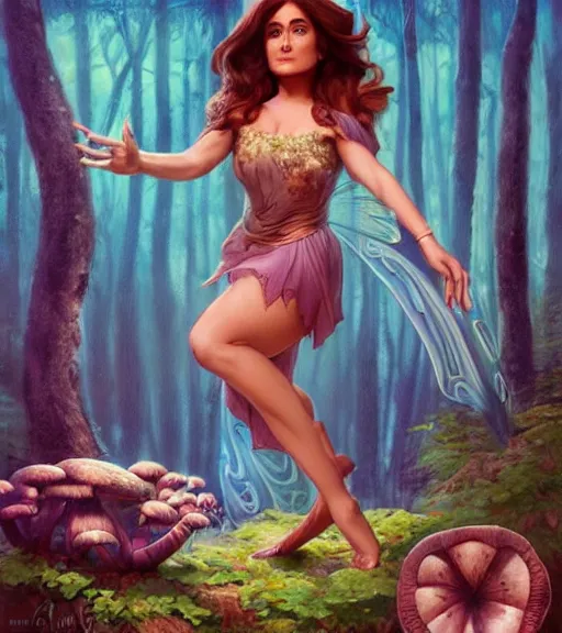 Image similar to Disney art of Salma Hayek as a fairy in a forest on a mushroom, by artgerm, makoto sinkai, magali villeneuve, Gil Elvgren, Earl Moran,Enoch Bolles, symmetrical,