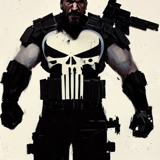 Image similar to greg manchess portrait painting of light frank castle aka punisher as overwatch character, medium shot, asymmetrical, profile picture, organic painting, sunny day, matte painting, bold shapes, hard edges, street art, trending on artstation, by huang guangjian and gil elvgren and sachin teng