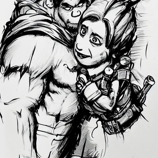 Image similar to beautiful portrait of shrek kissing a minion, concept art by yoji shinkawa, felt tip pen, intricate detail, sharp focus, illustration