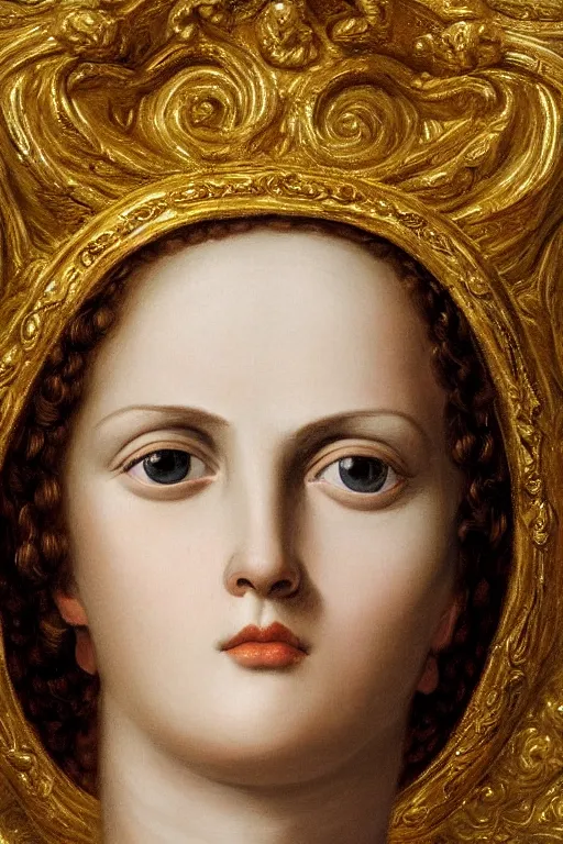 Prompt: Ruth, face closeup, ultra detailed, gold, dressed in roman clothes, ultra detailed, art by Guido Reni style